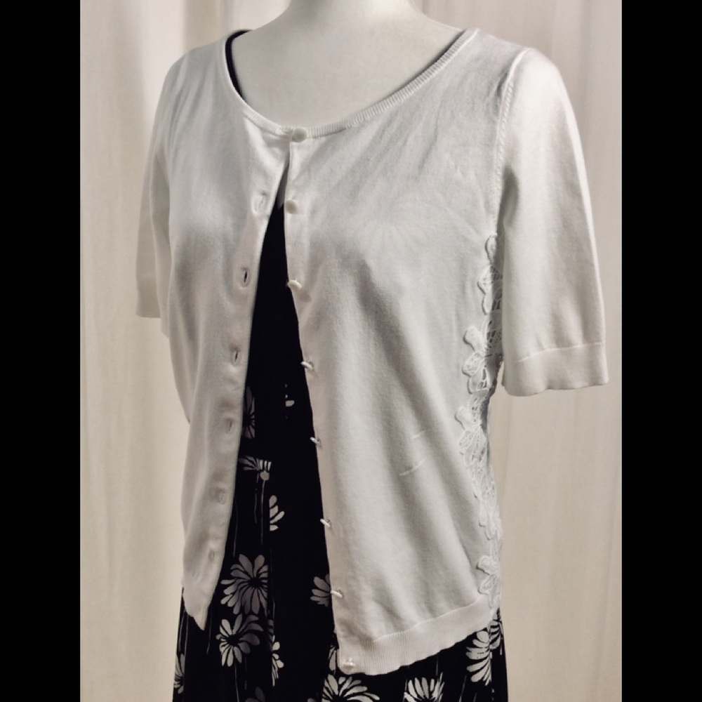 TALBOTS White Cardi, Lacy Appliqué Trim
